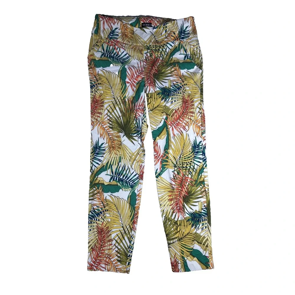 Soho Apparel Womens Pants Ankle Tropical Stretch Tapered Pull On Large Resort